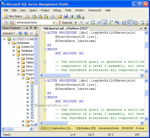 Splitting the query window in SQL Server Management Studio - SQLMatters